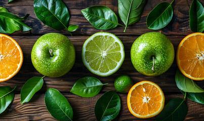 Colorful Contrast: Fresh Green Apples and Juicy Orange Slices on Rustic Wooden Background with Vibrant Leaves - Organic Fruits, Healthy Living, Food Photography