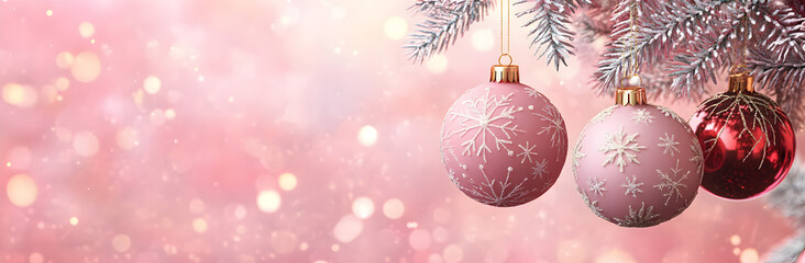 Pink and Red Christmas Ornaments Hanging on Tree
