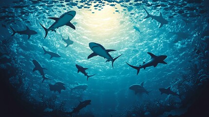 An underwater sea landscape from a bottom view, featuring sharks and shoals of fish. 