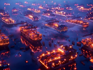Fototapeta premium An aerial view of a harbor at night, filled with boats adorned with warm, glowing lights. The water is misty and calm.
