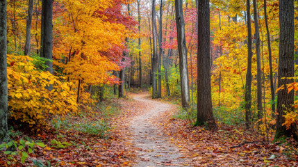 An autumn forest with a pathway covered in a blanket of colorful leaves, leading through tall trees with brilliant fall foliage.