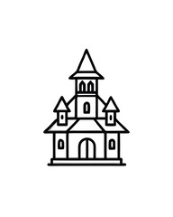 Editable stroke vector illustration of a haunted mansion silhouette with a tall central tower and multiple windows.