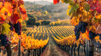 Obraz premium A stunning autumn view of a vineyard with ripe grapes and colorful leaves, framed by rolling hills and a clear, sunny sky.