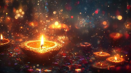 Enchanting Diwali artwork featuring shimmering lights, vibrant firecrackers, and twinkling stars, showcasing the radiant beauty of this festival of lights. 