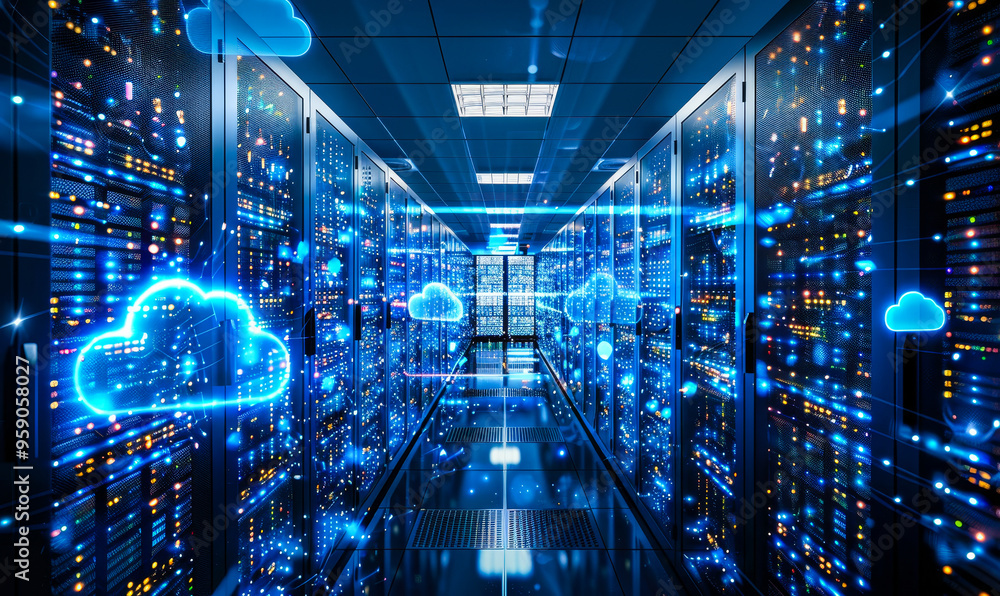 Poster cutting-edge data center corridor with rack servers and cloud storage technology visualization, high