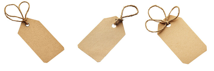 Set of A blank kraft paper price tag with a hemp string tied in a simple knot isolated on transparent background  (5)