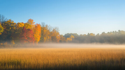 Fototapeta premium A peaceful autumn morning with fog rolling over a field of golden grasses and colorful trees in the distance.