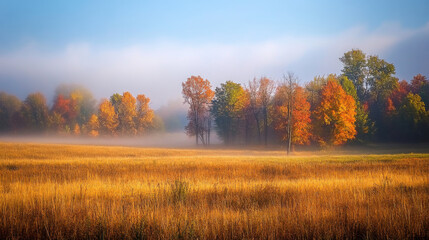 Fototapeta premium A peaceful autumn morning with fog rolling over a field of golden grasses and colorful trees in the distance.