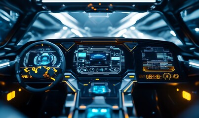 Futuristic Car Interior with Illuminated Digital Dashboards