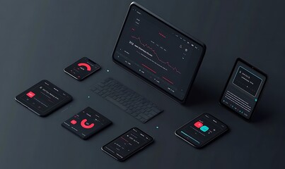 Modern Devices Displaying Data and Charts on a Black Background