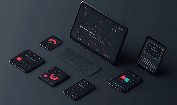 Modern Devices Displaying Data and Charts on a Black Background