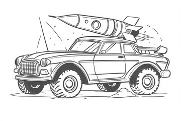 Obraz premium A retro-style vehicle with oversized wheels, featuring a rocket attached to its roof, set against a minimalist background.