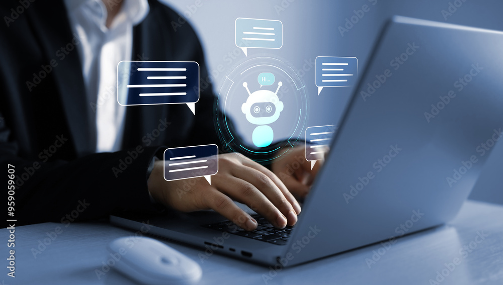 Poster Virtual assistant, artificial intelligence Bot and CRM software automation technology. Chatgpt Chat with AI.Customer person using chat 
service to get support.Online support Chatbot conversation.