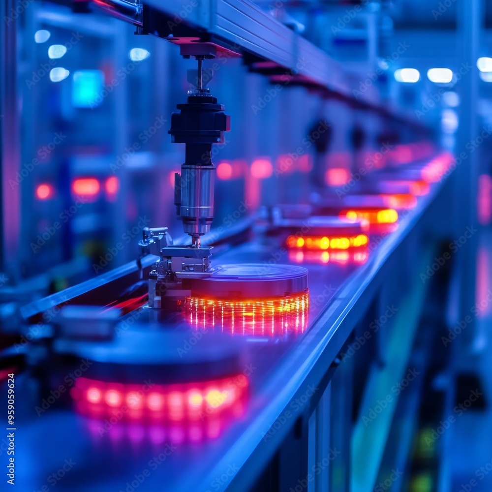 Poster automated production line with glowing red lights and a robotic arm. the image captures the efficien
