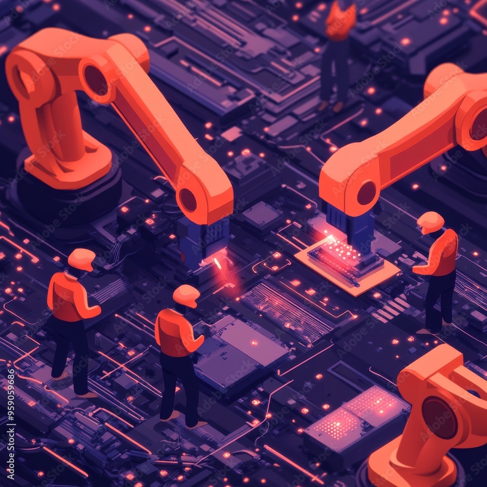 Aufkleber automated robotic arms work on a circuit board, alongside human workers. the image depicts the futur