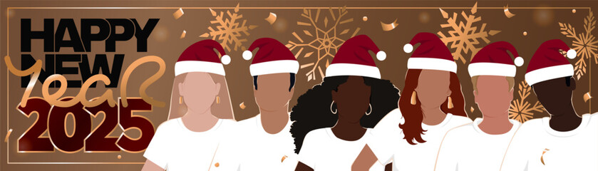Happy New Year 2025 long horizontal banner. A group of diverse people wearing Santa hats. Modern flat illustration with golden snowflakes.
