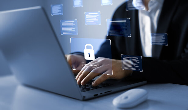 Software for security, searching and managing corporate document and employee information. Documents confidentiality,cyber security protection concept. Protecting herself from cyber attacks. 