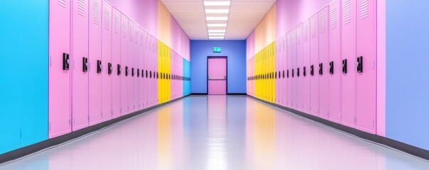 colorful school hallway with lockers and a doorway on background