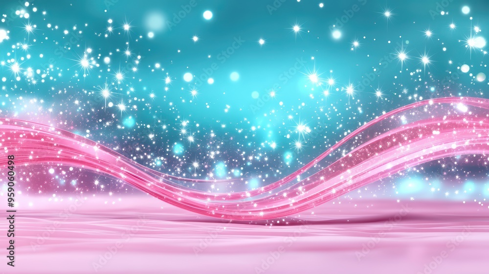 Poster a vibrant abstract background featuring flowing pink waves and sparkling particles against a soft bl