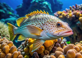 Vibrant whitemargin stargazer fish swims near coral reef, its distinctive white margin stripe contrasting with mottled brown and yellow skin in crystal-clear tropical waters.