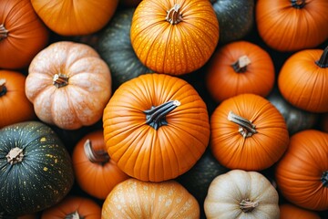 Various fresh ripe pumpkins in the background