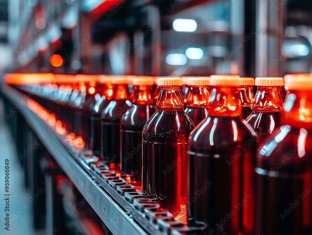 Poster bottles moving on a conveyor belt in a factory setting. automated production line. bottled beverage 