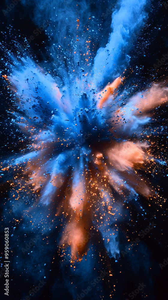 Wall mural a captivating and immersive explosion of blue and orange powder on a deep black background, captured