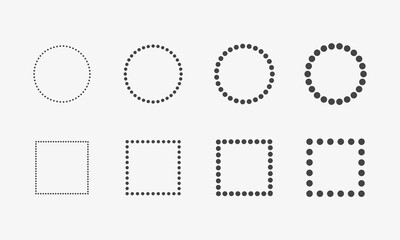 Dotted circle and rectangle set. Dotted frame lines. Vector illustration