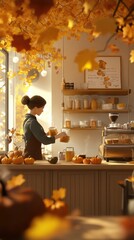 Pumpkin Spice Caf&eacute; with Cozy Autumn Vibes, Barista Serving Pumpkin Spice Lattes and Warm Lights