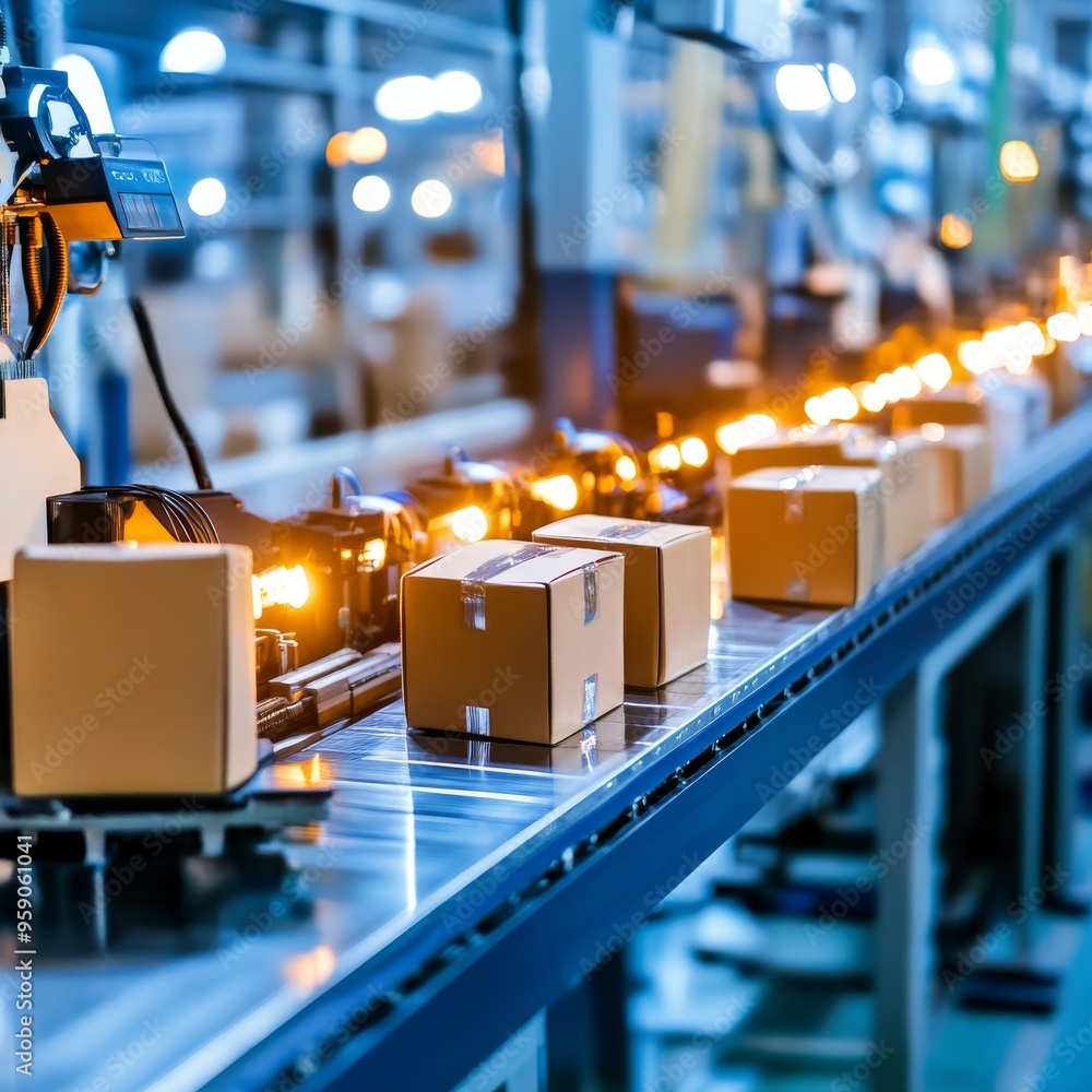 Aufkleber boxes moving along a conveyor belt in a factory setting. the conveyor belt is lit with bright lights