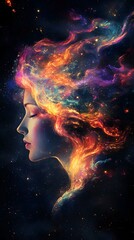 A beautiful woman's head is made of colorful paint, with a dark background and black space around her head