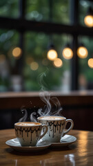 Fototapeta premium Heart-Shaped Steam Over Coffee Cups in Cafe. Two steaming cups of hot coffee