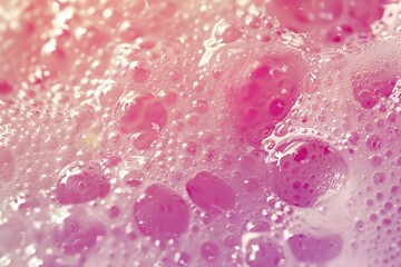 Pink foamy texture in motion top view. Cosmetic facial skin cleanser, shower gel, shaving foam background. Creamy cleansing skincare product bubbles. Soapy substance. Bubble backdrop. Washing liquid