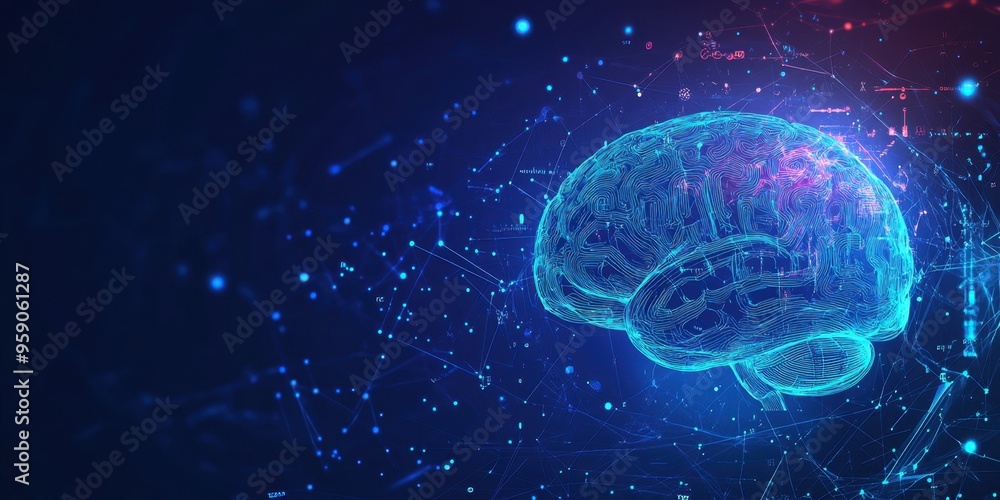 Poster abstract futuristic background with a digital brain and glowing elements on a blue color for a techn
