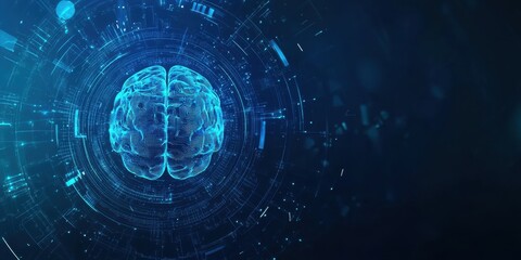 Abstract futuristic background with a digital brain and glowing elements on a blue color for a technology concept, an AI icon, or a web banner Generative AI