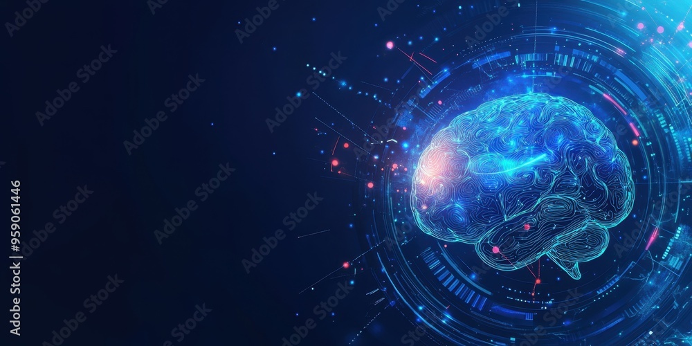 Aufkleber a blue background with an ai brain icon and futuristic elements, representing the power of artificia