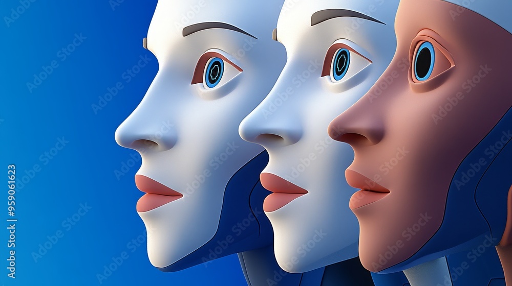 Poster three stylized robot faces in a row showcase different designs and expressions, set against a blue g