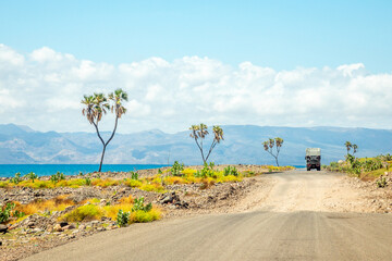 Road along Tadjourah gulf with mountains in the background, Tajourah, Djibouti