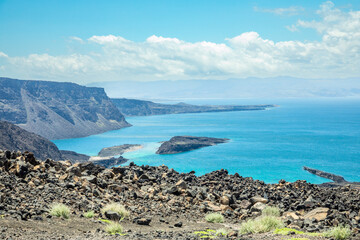Ghoubbet al-Kharab sea gulf lake panorama with mountains in the background, Tajourah Djibouti