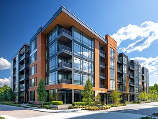 Modern Apartment Complex with Glass Facade and Urban Landscape