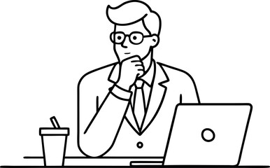 Contemplative Businessman with Laptop at Desk in Minimalist Line Art Style