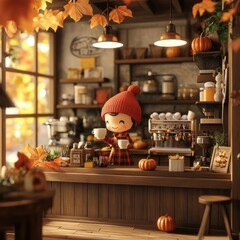 Pumpkin Spice Caf&eacute; with Cozy Autumn Vibes, Barista Serving Pumpkin Spice Lattes and Warm Lights