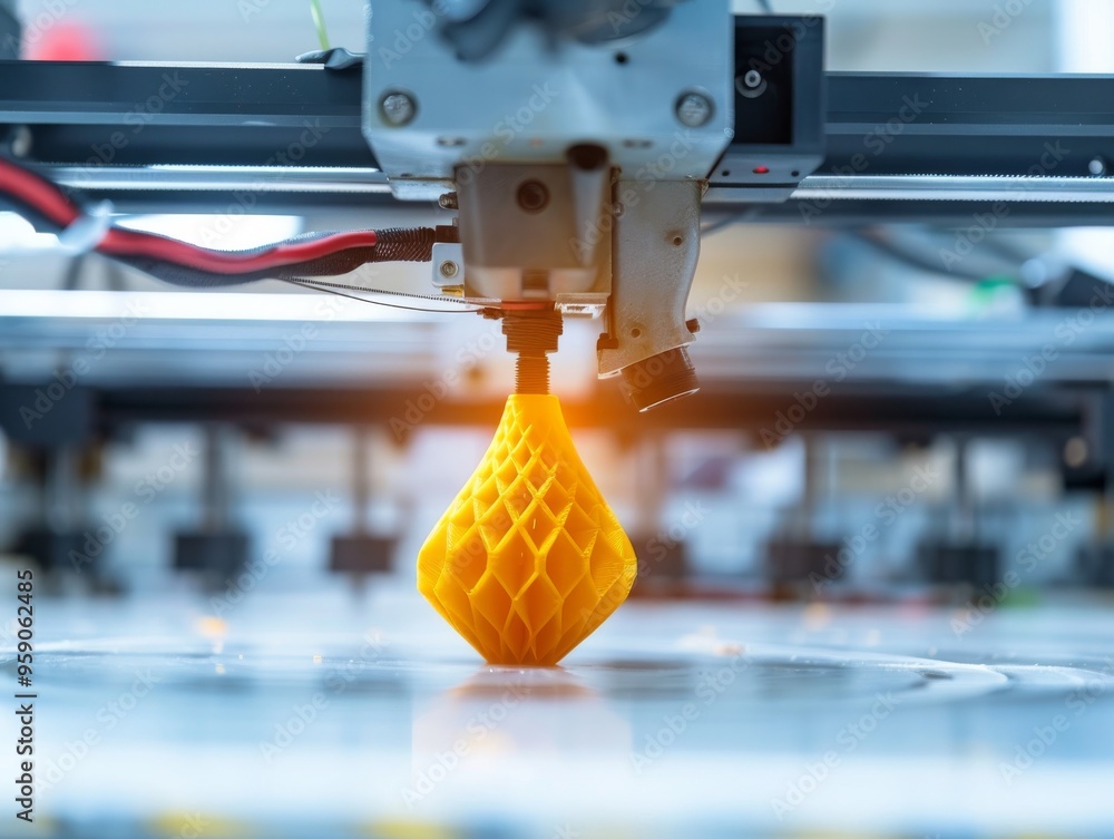 Poster close-up of a 3d printer creating a yellow geometric object. the print head is visible, and the obje