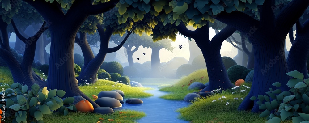 Poster a serene forest scene with gentle light filtering through lush trees, creating a magical and tranqui