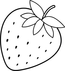 Black and White Line Art Illustration of a Strawberry with Leaves