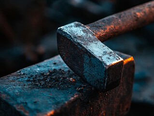 Closeup of a blacksmith's hammer resting on an anvil, showcasing the tools of the trade.