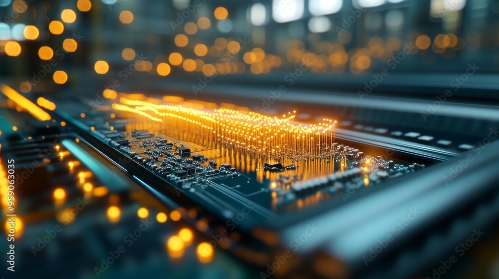 Poster close-up of a circuit board with glowing components, representing technology and innovation.