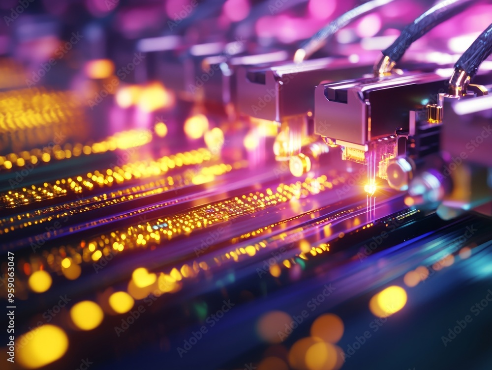 Poster close-up of a circuit board with glowing lights and wires, highlighting the complexity of modern tec