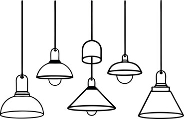 Black and White Line Drawing of Various Hanging Pendant Lamps in Minimalist Style