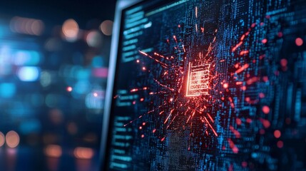 Close-up of a computer screen displaying a glowing red circuit board with data streaming outwards.  The background is blurred city lights.